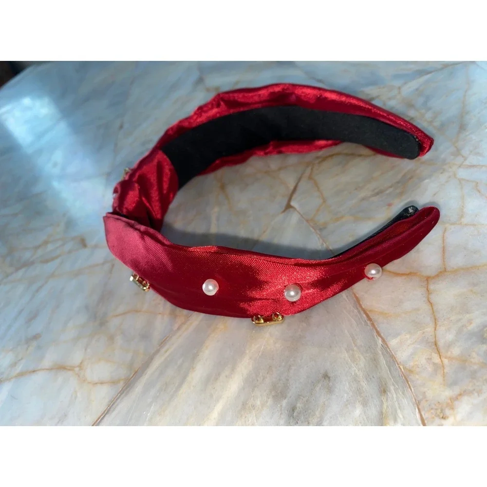 Red Satin Knotted Headband Faux Pearl Candy Cane Christmas Holiday‎ Charms Wide
